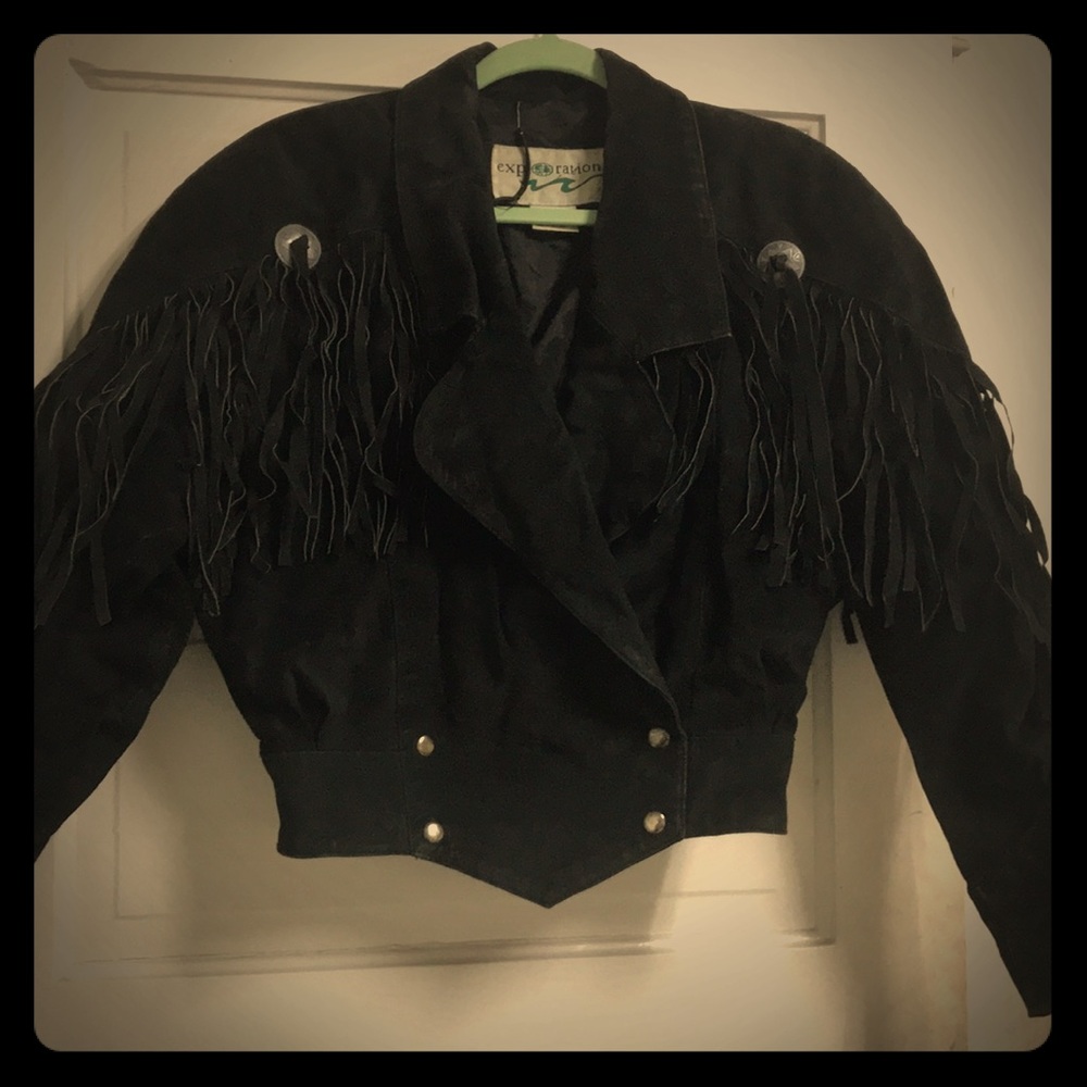 Vintage fringe black suede leather jacket 💫